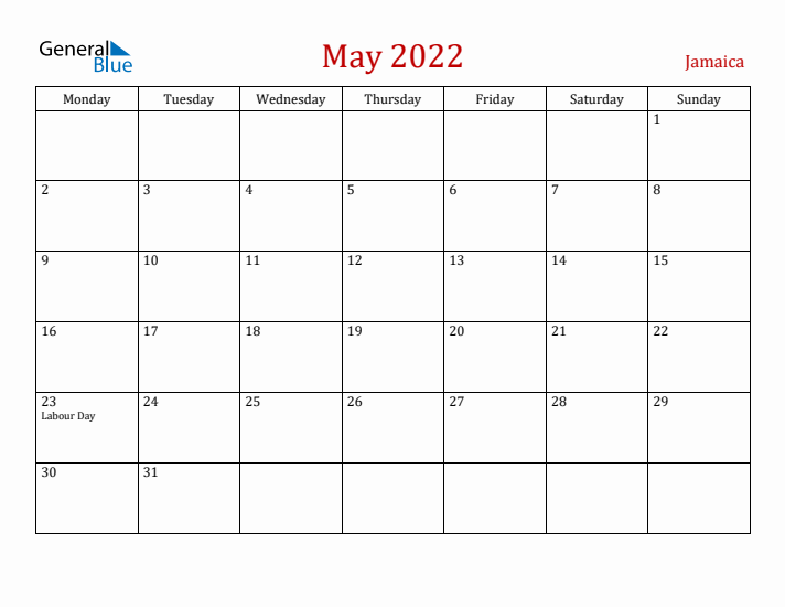 Jamaica May 2022 Calendar - Monday Start