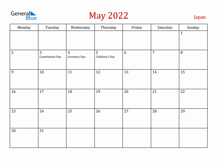 Japan May 2022 Calendar - Monday Start