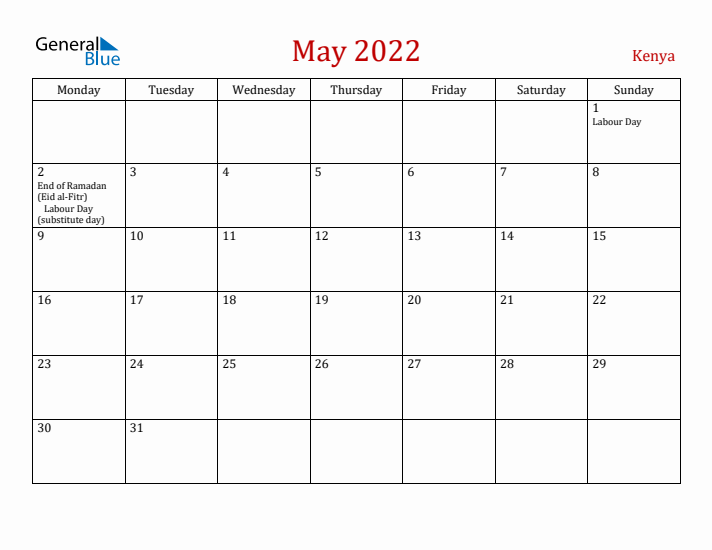 Kenya May 2022 Calendar - Monday Start