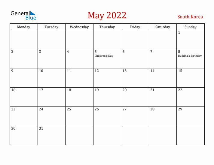 South Korea May 2022 Calendar - Monday Start
