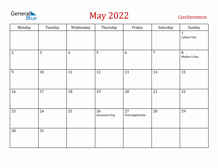 Liechtenstein May 2022 Calendar - Monday Start