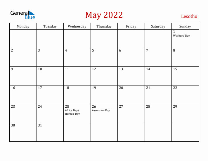 Lesotho May 2022 Calendar - Monday Start