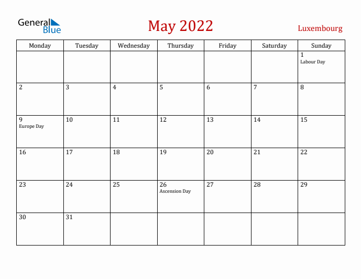 Luxembourg May 2022 Calendar - Monday Start