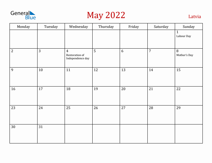 Latvia May 2022 Calendar - Monday Start