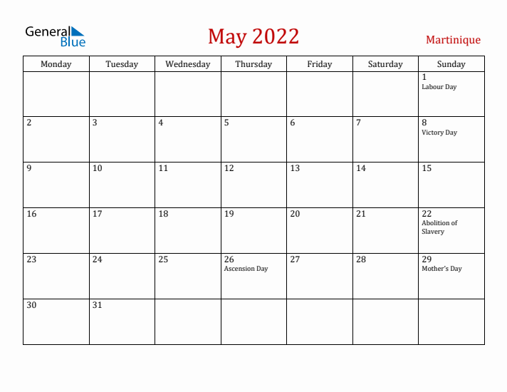 Martinique May 2022 Calendar - Monday Start