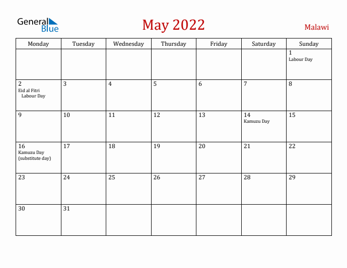 Malawi May 2022 Calendar - Monday Start
