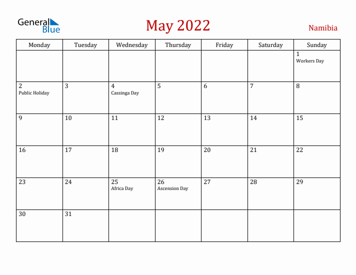 Namibia May 2022 Calendar - Monday Start
