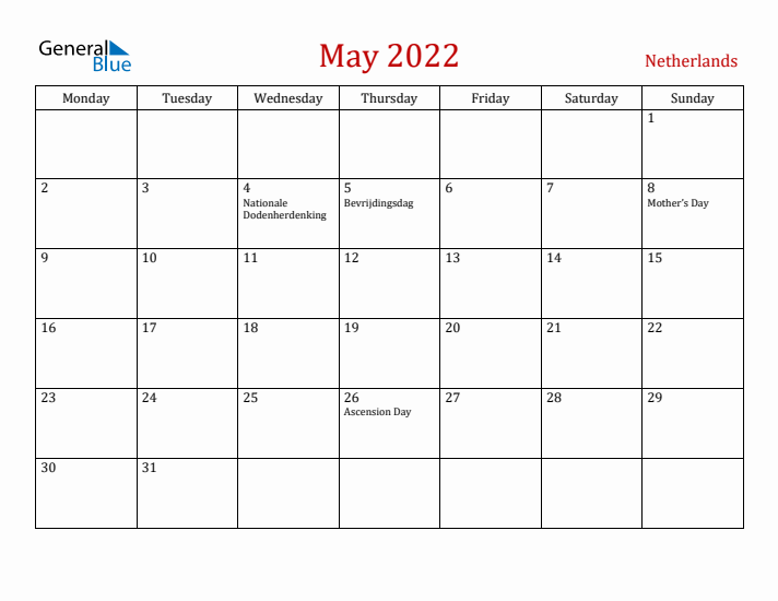 The Netherlands May 2022 Calendar - Monday Start