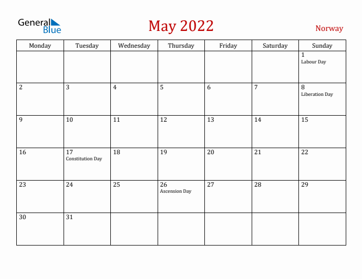 Norway May 2022 Calendar - Monday Start