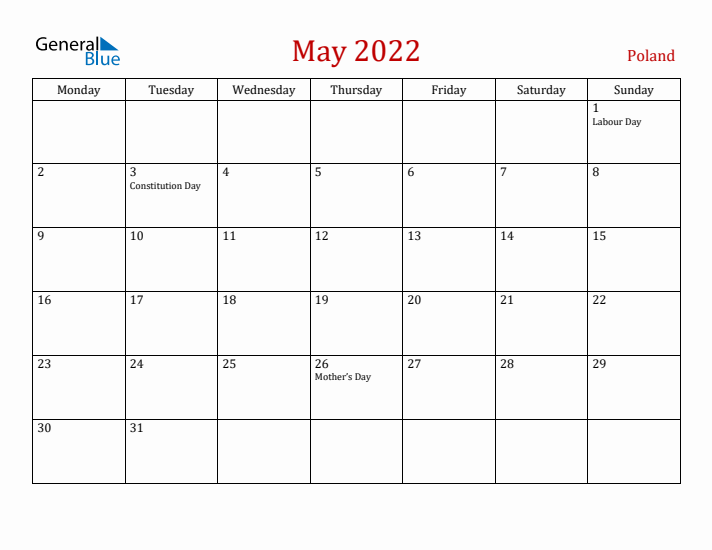 Poland May 2022 Calendar - Monday Start