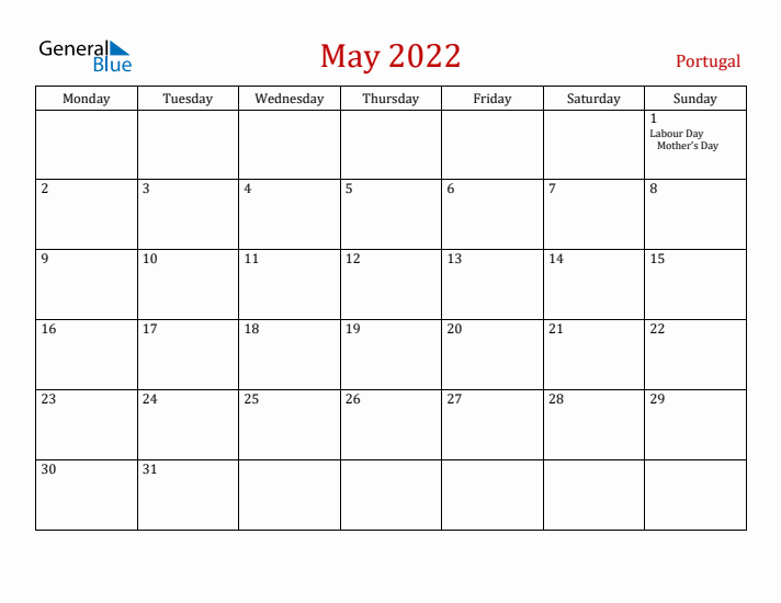 Portugal May 2022 Calendar - Monday Start