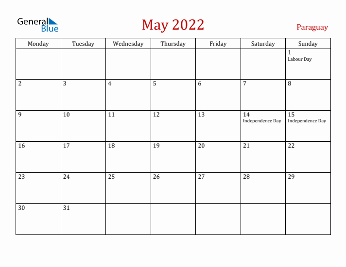 Paraguay May 2022 Calendar - Monday Start