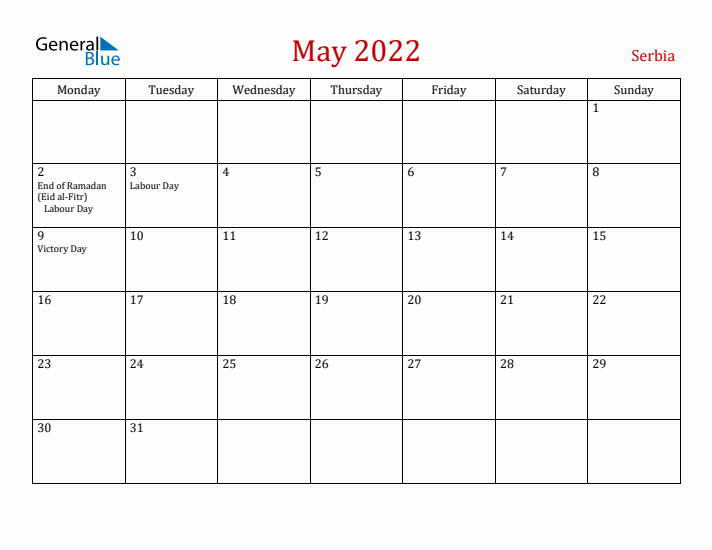 Serbia May 2022 Calendar - Monday Start