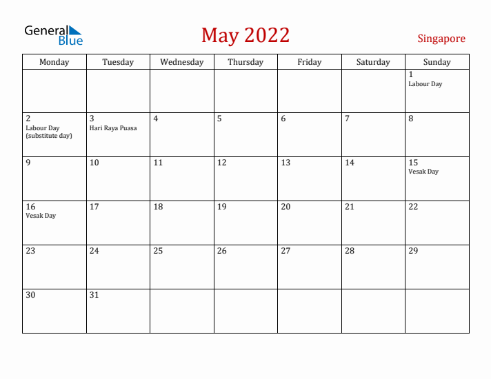 Singapore May 2022 Calendar - Monday Start