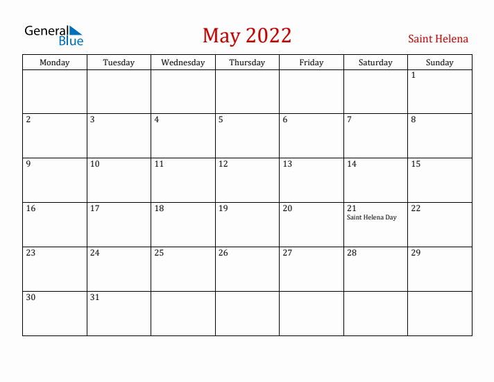 Saint Helena May 2022 Calendar - Monday Start
