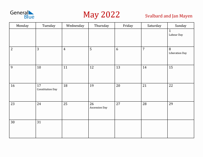 Svalbard and Jan Mayen May 2022 Calendar - Monday Start
