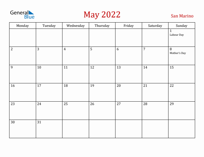 San Marino May 2022 Calendar - Monday Start