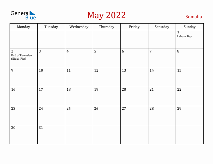 Somalia May 2022 Calendar - Monday Start