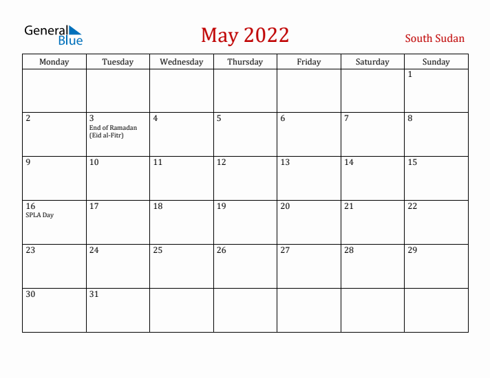 South Sudan May 2022 Calendar - Monday Start