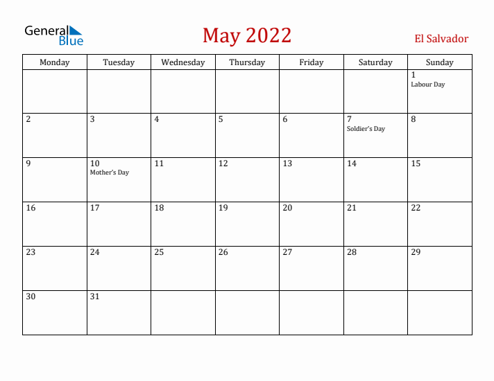 El Salvador May 2022 Calendar - Monday Start