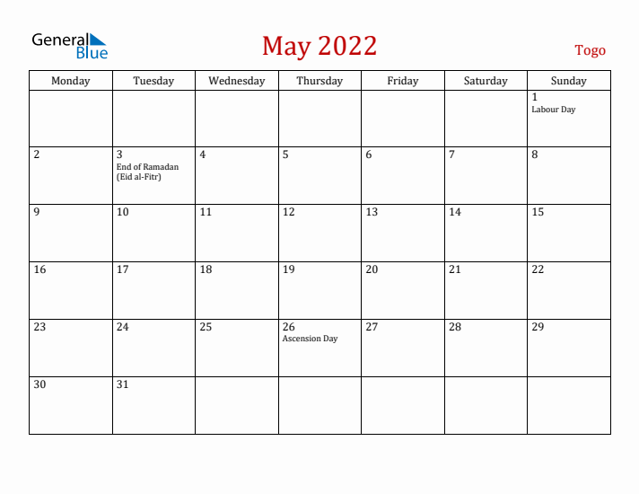 Togo May 2022 Calendar - Monday Start