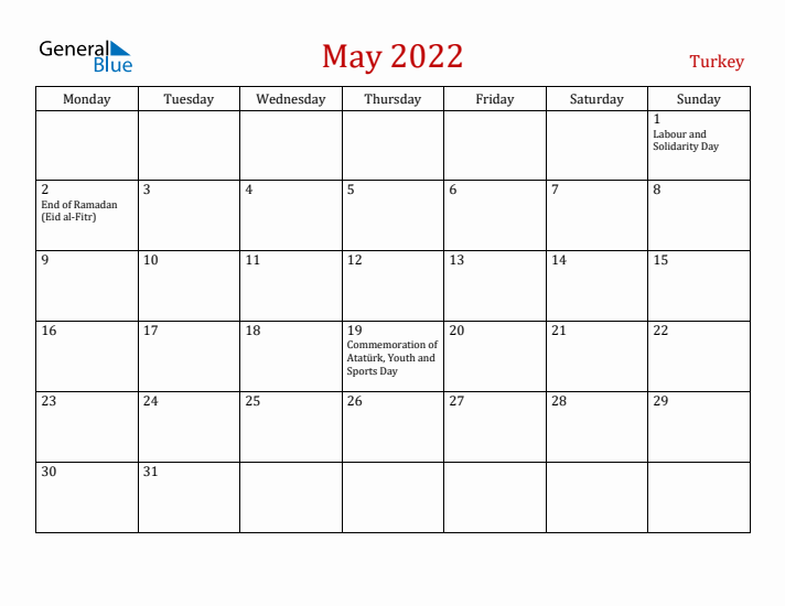 Turkey May 2022 Calendar - Monday Start