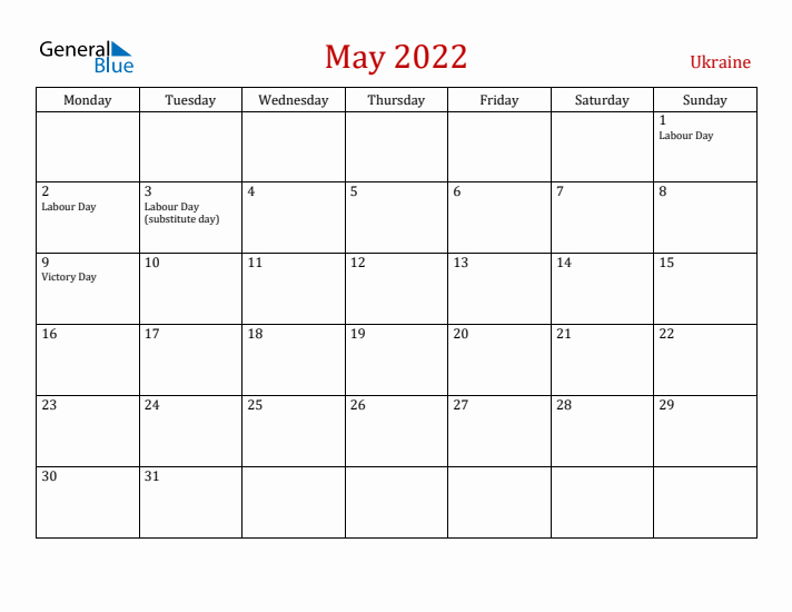 Ukraine May 2022 Calendar - Monday Start