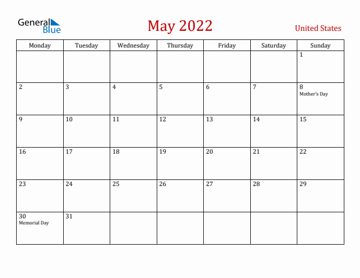 United States May 2022 Calendar - Monday Start