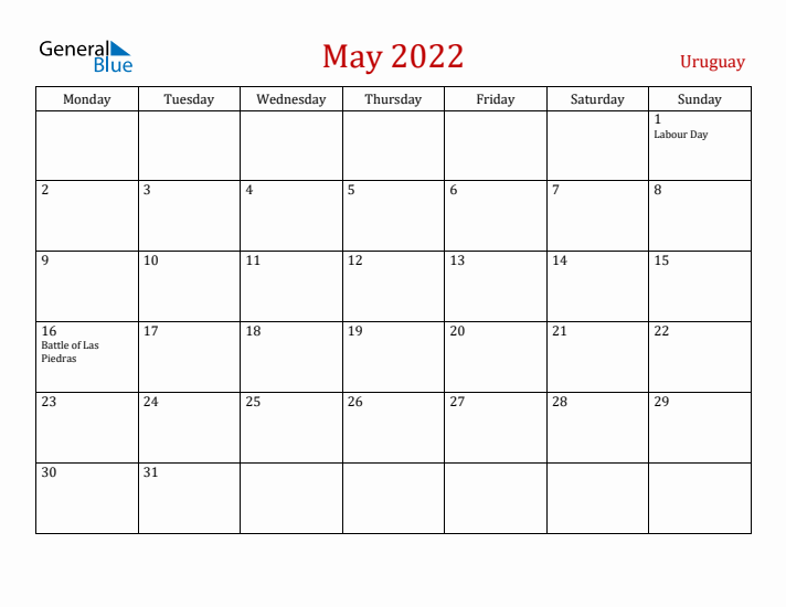 Uruguay May 2022 Calendar - Monday Start