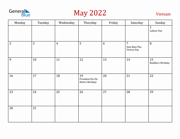 Vietnam May 2022 Calendar - Monday Start
