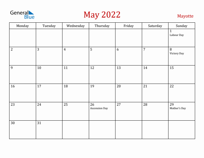 Mayotte May 2022 Calendar - Monday Start