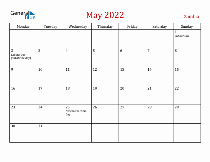 Zambia May 2022 Calendar - Monday Start