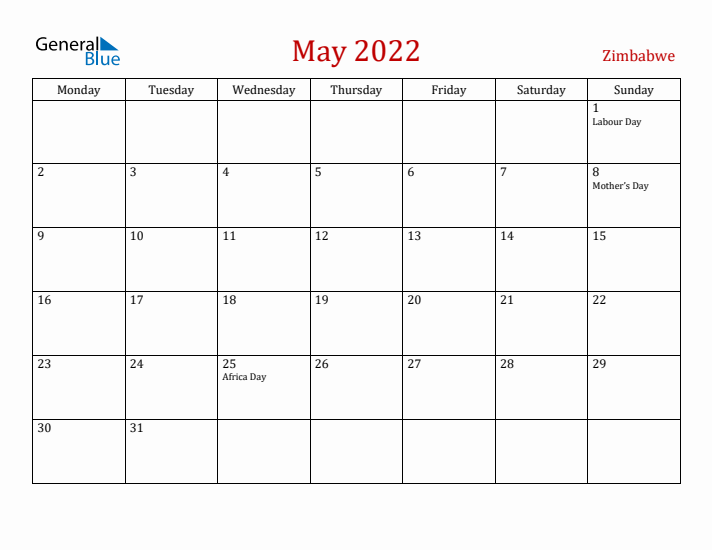 Zimbabwe May 2022 Calendar - Monday Start
