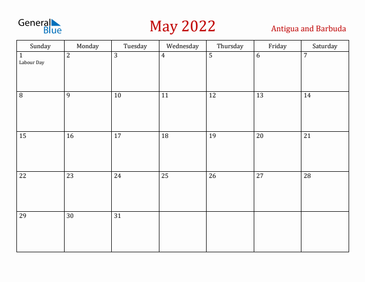 Antigua and Barbuda May 2022 Calendar - Sunday Start
