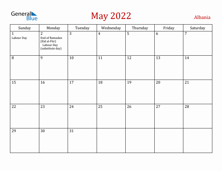 Albania May 2022 Calendar - Sunday Start
