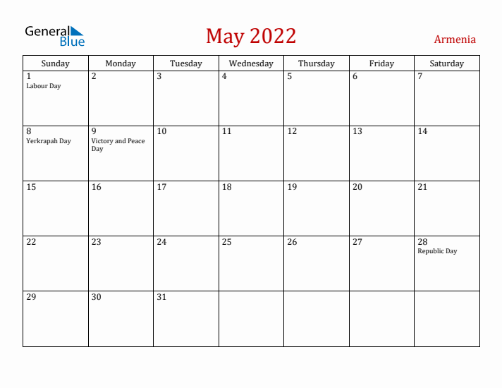 Armenia May 2022 Calendar - Sunday Start
