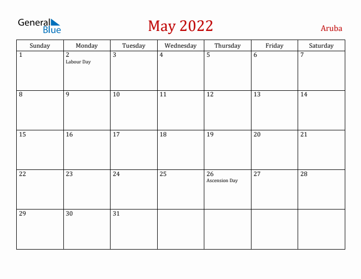 Aruba May 2022 Calendar - Sunday Start