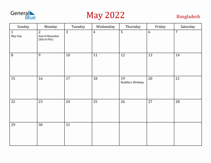 Bangladesh May 2022 Calendar - Sunday Start