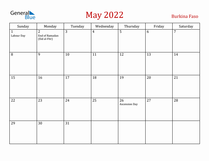 Burkina Faso May 2022 Calendar - Sunday Start