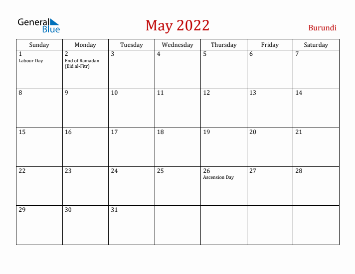 Burundi May 2022 Calendar - Sunday Start