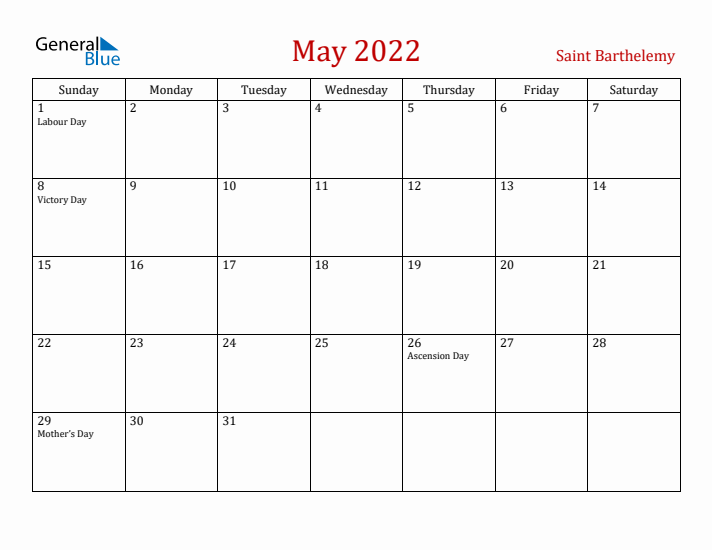 Saint Barthelemy May 2022 Calendar - Sunday Start