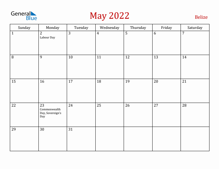 Belize May 2022 Calendar - Sunday Start