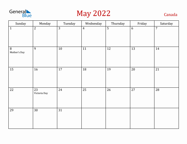 Canada May 2022 Calendar - Sunday Start