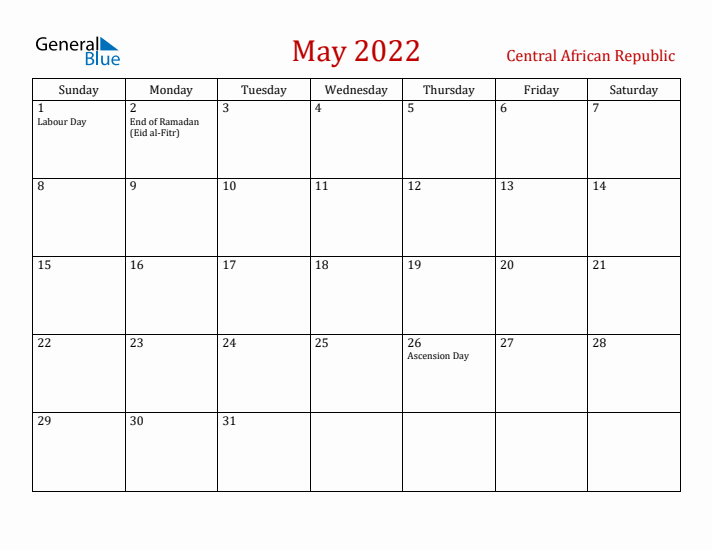 Central African Republic May 2022 Calendar - Sunday Start