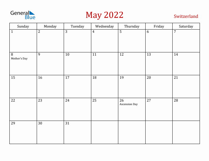 Switzerland May 2022 Calendar - Sunday Start