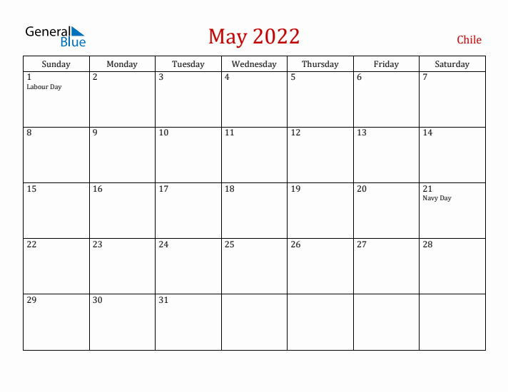 Chile May 2022 Calendar - Sunday Start
