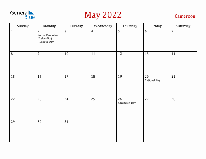 Cameroon May 2022 Calendar - Sunday Start