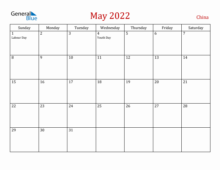 China May 2022 Calendar - Sunday Start