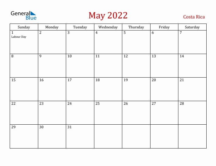 Costa Rica May 2022 Calendar - Sunday Start
