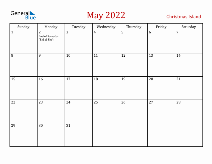 Christmas Island May 2022 Calendar - Sunday Start